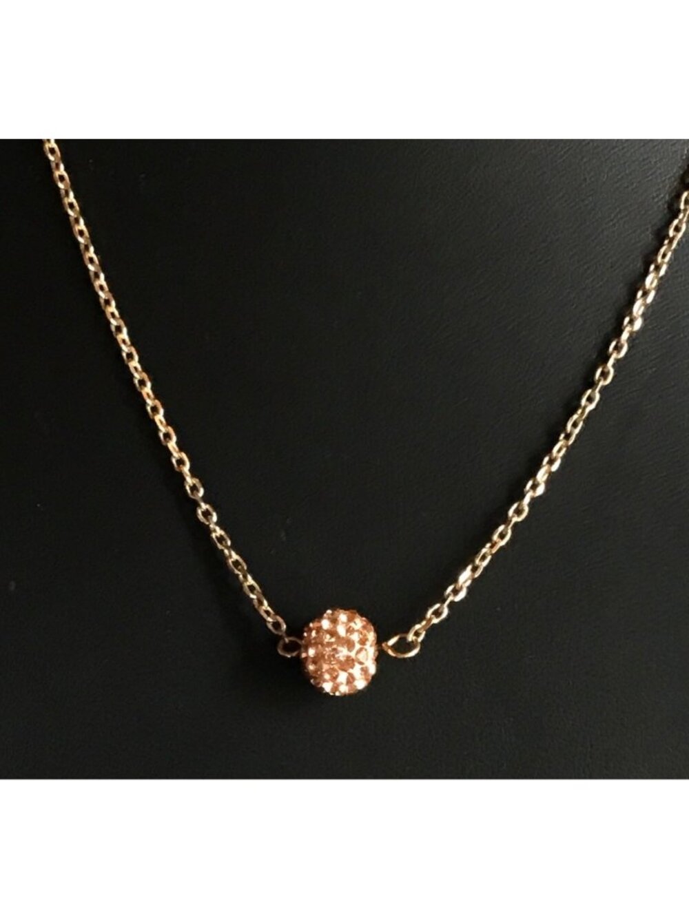 Gold Tone Chain Necklace Pink Disco Ball Bead Charm Pendant with Pave Champagne